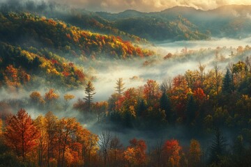 Wall Mural - a misty fall morning in the mountains, with fog rolling through a valley of autumn-colored trees