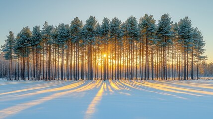 Poster - Winter Sunset Through Pine Trees With Long Shadows On Snowy Field