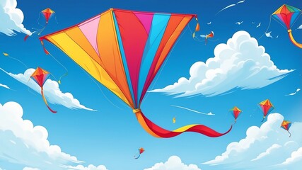 Kite Flying in a Clear Blue Sky Cartoon Background Design