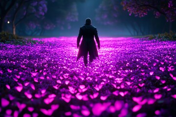 Aufkleber - Morpheus walking through a field of glowing purple flowers, the light casting soft shadows on his contemplative face