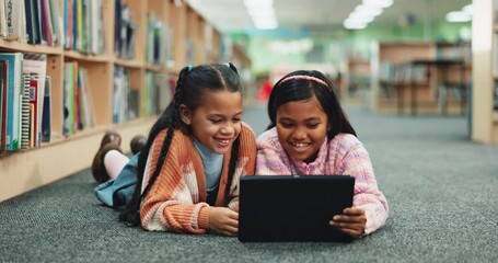 Poster - Children, tablet and studying for reading, development and education with e learning, playing and fun. Happiness, kids and tech for knowledge, growth and online games with library, language and maths