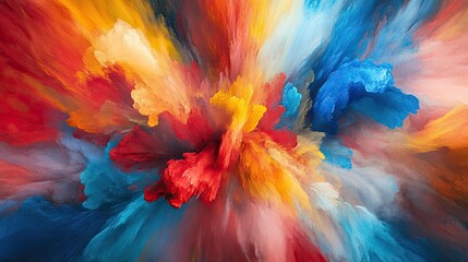 a vivid abstract color explosion, with bright reds, blues, and yellows swirling together