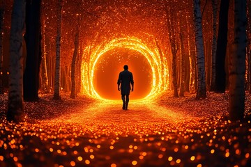 Poster - Morpheus walking through a glowing orange forest, where the trees shimmer with the warm light of dreams