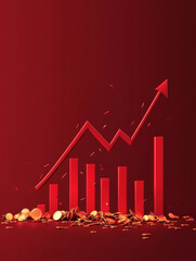 A red bar chart with a rising arrow, symbolizing increasing profits and sales. Gold coins scatter around, representing wealth and financial success.