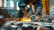 © hisilly - Builder using angle grinder to cut bricks for interior wall construction