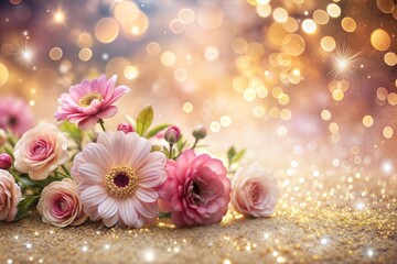 Wall Mural - delicate pink flowers on sparkling golden background