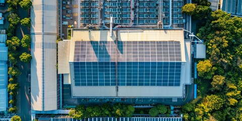 Wall Mural - An aerial shot of a factory with solar panels installed across its rooftop, with manufacturing processes visible inside, illustrating a commitment to renewable energy