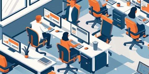 Wall Mural - Office environment depicting a team working together on a project, with shared screens and collaborative tools illustrating their effective, unified approach to achieving results