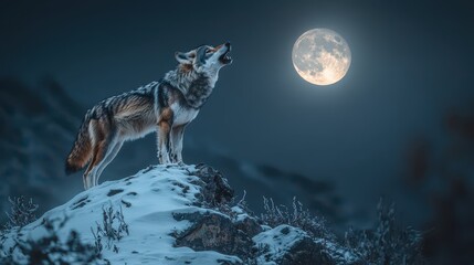 Poster - Wolf Howling at Full Moon on Snowy Mountain Peak