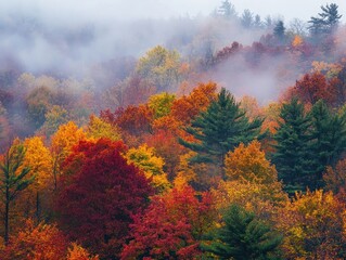 Wall Mural - an autumn landscape with a foggy morning and trees covered in rich fall colors