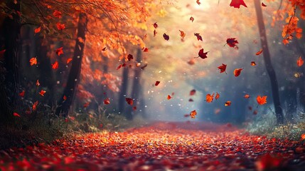 Wall Mural - autumn season forest trail with vibrant red and orange leaves falling from the trees