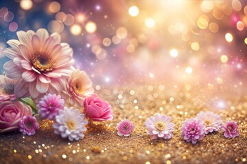 Poster - Pink flowers on glittering golden background with lights