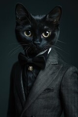  Black Cat Dressed in a Suit with a Bow Tie