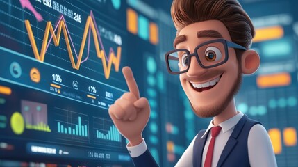 Cheerful Cartoon Character with Glasses Presenting Business Growth on Whiteboard