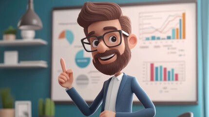 Cheerful Cartoon Character with Glasses Presenting Business Growth on Whiteboard