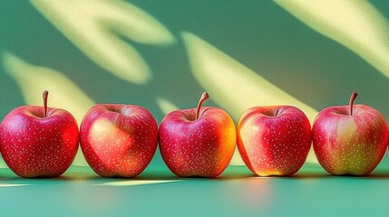 Poster - Red Apples in a Row with Green Background and Shadows