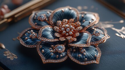 A close-up of a delicate blue and gold flower brooch with diamonds.