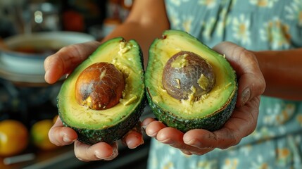 Fresh Avocado Halves Held by Woman's Hand in Kitchen