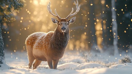 Poster - Majestic Deer in Winter Wonderland with Snow and Golden Bokeh