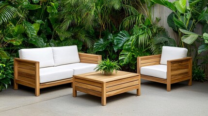 Outdoor patio seating with lush green plants