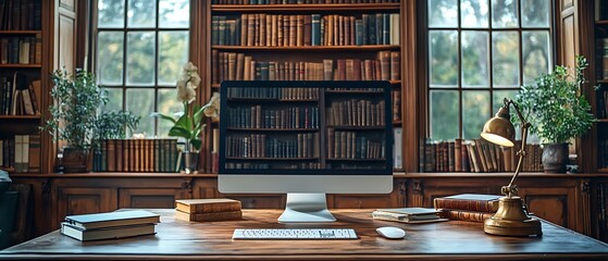 Wall Mural - A computer sits on a wooden desk in a library with bookshelves, a lamp, and a window.