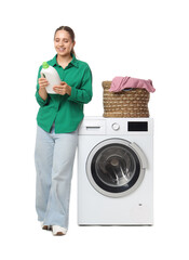 Poster - Young woman with laundry, bleacher and washing machine on white background