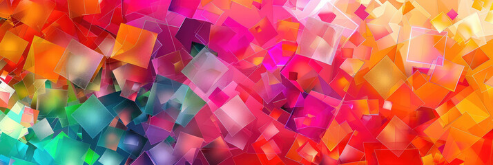 Vibrant abstract background featuring fusion of colorful geometric shapes, blending hues of red, pink, orange, and green, creating dynamic and energetic visual experience