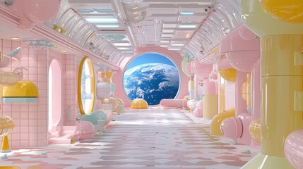 Poster - Futuristic Interior Design with Earth View from Spaceship Window