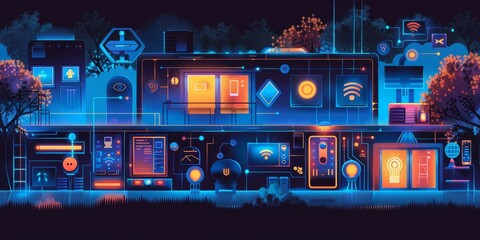 Poster - A smart home control panel displaying interconnected devices throughout the house, including smart lights, security cameras, and climate control systems