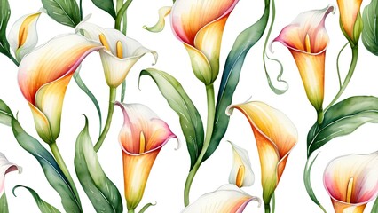 This seamless floral pattern showcases graceful Calla Lily flowers with flowing green stems and colorful orange petals, perfect for elegant textile designs and home decor