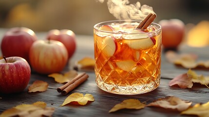 A glass of steaming apple cider with cinnamon sticks and apples on a wooden table with autumn leaves.