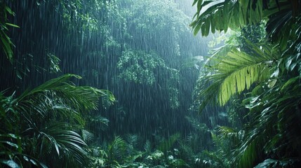 Rainy season hike through a tropical jungle, with heavy rainfall soaking the vibrant greenery