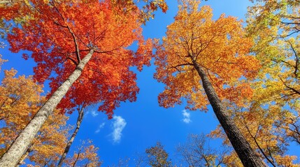 Wall Mural - tall fall trees with their leaves turning vibrant shades of orange and red under a blue sky