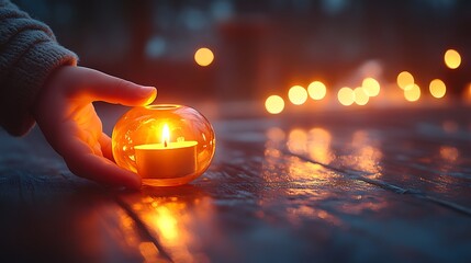 Wall Mural - A hand gently holds a small candle in a glass jar, the warm glow illuminating the wooden table in the foreground. The background is blurred, showing a soft light of a festive setting.