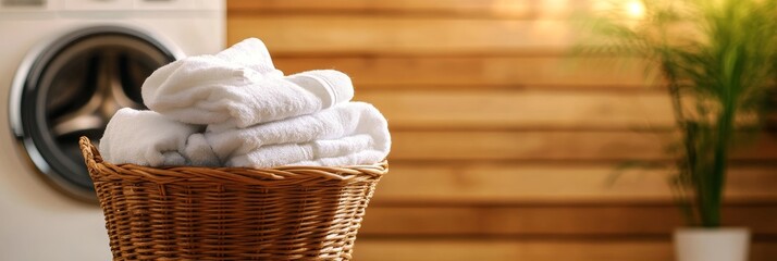 A wicker basket overflowing with freshly laundered white towels, a symbol of cleanliness, organization, and domesticity. The basket sits in front of a washing machine, suggesting a recent cycle and th