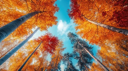 Wall Mural - tall fall trees with their leaves turning vibrant shades of orange and red under a blue sky