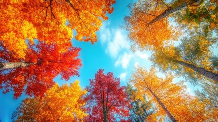 Wall Mural - tall fall trees with their leaves turning vibrant shades of orange and red under a blue sky