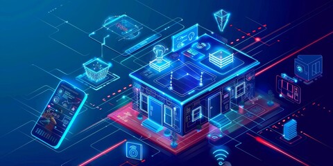 Poster - A futuristic smart home setup with interconnected devices including a smart refrigerator, voice-controlled lights, and an advanced security system, all coordinated from a central device