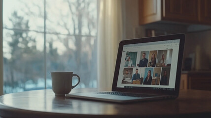 Virtual meeting with diverse participants on a laptop screen, showcasing a remote work video conference setup with a coffee cup in a modern home office.