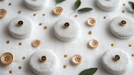 Wall Mural - Gold Buttons and Green Leaves on White Fabric Background