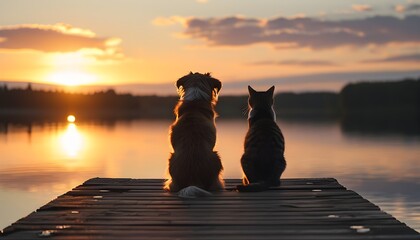 Wall Mural - Silhouetted Companionship of Dog and Cat on a Pier at Sunset Overlooking a Tranquil Lake