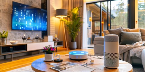 Poster - A smart home living space with integrated smart speakers, lighting systems, and automated curtains, all managed effortlessly through a voice assistant