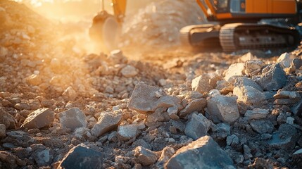 Construction Site Rubble and Debris with Excavator in the Background