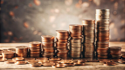 A towering stack of gold coins on a wooden table, symbolizing wealth and financial success