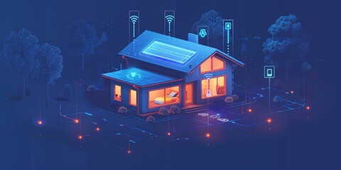 Poster - A modern smart home featuring interconnected security devices, smart locks, and climate controls, all managed through a convenient mobile app on a smartphone