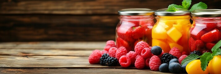 Wall Mural - Fresh fruit preserved in glass jars, a delicious and healthy way to enjoy summer flavors all year round.