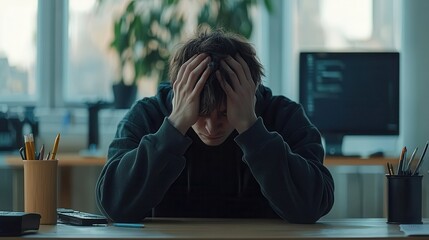 A man is sitting at a desk with his head in his hands