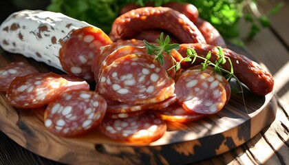 Savory display of salami slices and bread with herbs on a wooden board, beautifully lit by sunlight for a delightful snack presentation