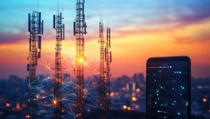 City View with Communication Towers and Glowing Lines