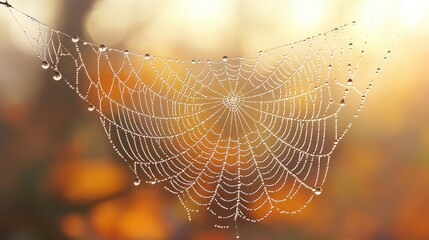 Dew Covered Spider Web with Golden Background